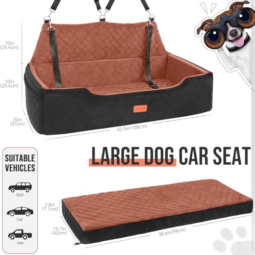 HEGGCOOE Large Dog Car Seat Under 100 lbs, Washable Dog Car Bed for 2 Medium Dogs, Detachable Pet Booster Seat with Storage Pocket and Seat Belt for Back Seat Dog Travel Bed