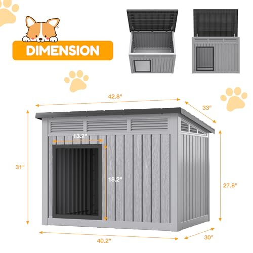Fancyango Large Dog House for Indoor & Outdoor - Weatherproof & Removable Roof, Fits Small to Large Dogs (42.8" L x 33" W x 31.5" H) - Grey