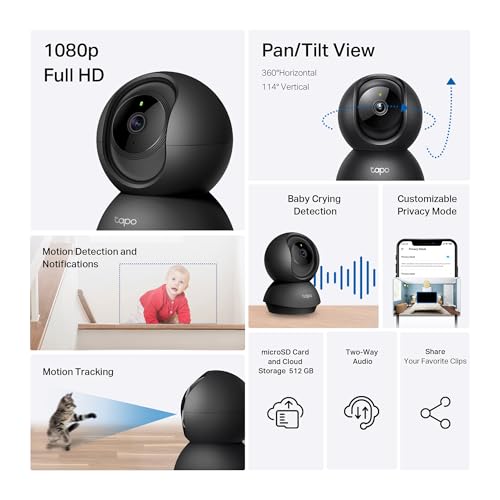 Tapo 1080P Indoor Pan/Tilt Wired Security Camera - Works as a Baby & Pet Monitor, Motion Detection, 2-Way Audio, Siren, Night Vision, Subscription-Free Local Storage or Optional Cloud, Black, C201