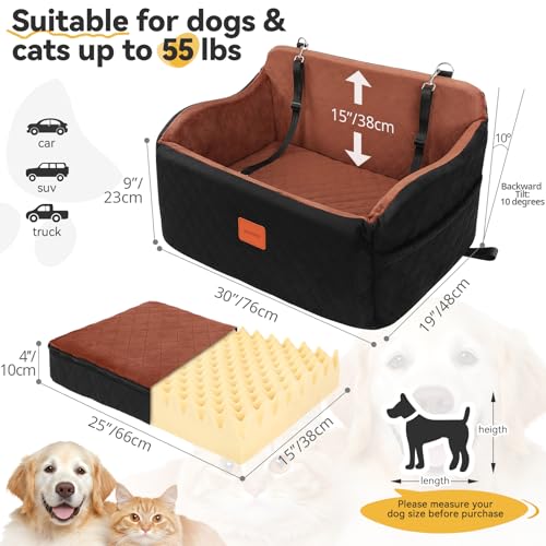 INDYBUD Dog Car Seat for Medium/Large Dogs, Memory Foam Pet Booster Seat for Under 55 lbs or 2 Small Dogs, Detachable Dog Car Bed for Backseat with 2 Safety Leashes and Pockets(Black/Brown, Large)