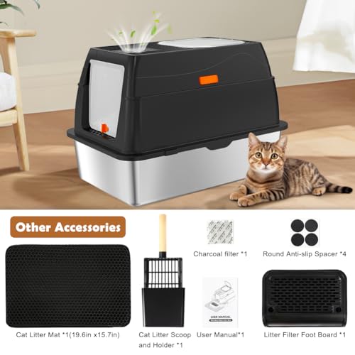 Vivifying Stainless Steel Litter Box with Lid, XL Front Entry Enclosed Extra Large Litter Box for Big Cats & Kitty, Top Exit Metal Cat Pan with Scoop, Mat, Footboard, Charcoal Filter (Black)