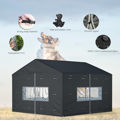 Outdoor Dog Kennel Cover Full Coverage for 10'Dx10'Wx7'H Dog Cages,600D Heavy Duty Waterproof Large Dog Kennel Cover,(Kennel not included) Black