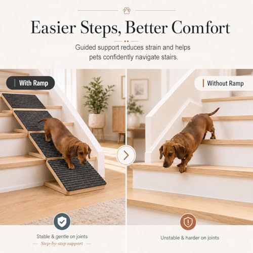 Weathrix 2 Pack Dog Ramp for Stairs - Solid Wood Adjustable & Foldable Pet Ramps, 3 Heights, Non-Slip Silicone Base & Traction Felt, 100lb Capacity, Indoor Stairs & Porch