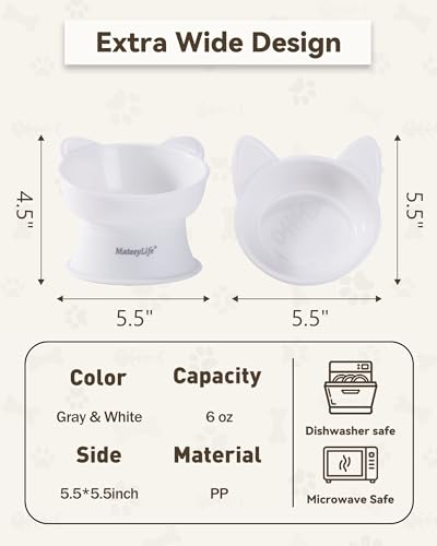 MateeyLife Elevated Cat Bowls, 2P Raised Food and Water Bowl Set for Indoor Cats & Small Dogs, Whisker Fatigue Cat Bowl, Anti Vomit Feeding Pet Bowls, 6 oz Each, Dishwasher Safe - White & Grey