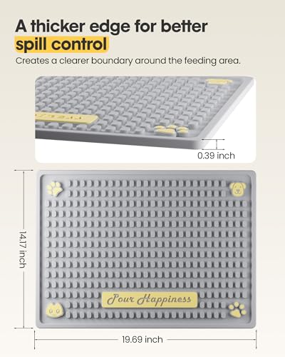 Tomxcute Non-Absorbent Cat Water Fountain Mat, 19.7" x 14.2" Extra Thick Waterproof Pet Feeding Mat, Heavy-Duty PVC Floor Protector for Active Drinkers, Raised Edge Tray for Food and Water Bowls, Grey