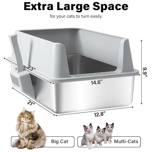 Stainless Steel Litter Box, Extra Large Litter Boxes for Big Cats, XL Metal Cat Litter Box with High Sides Lid, Anti-Urine Leakage, Never Absorbs Odors, Easy Cleaning, Non-Stick, Include Scoop and Mat