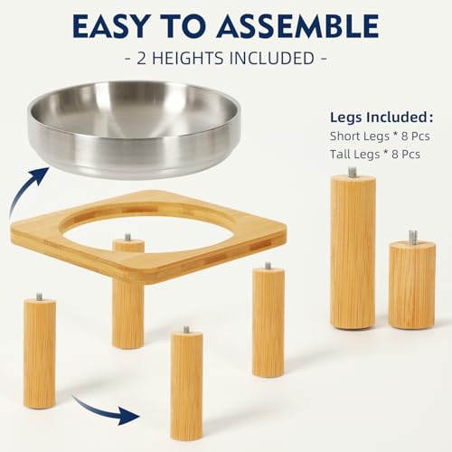 DoogCat Elevated Cat Bowls for Indoor Cats – Raised Bamboo Cat Bowl Stand with 5.5 Inch Wide Stainless Steel Dishes, Pet Food Table Plate for Easy Feeding, Whisker Friendly(Silver,Set of 2)