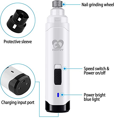 Casfuy Dog Nail Grinder Upgraded - Professional 2-Speed Whisper-Quiet Electric Pet Nail Trimmer Painless Paws Grooming & Smoothing for Small Medium Large Dogs & Cats (White)