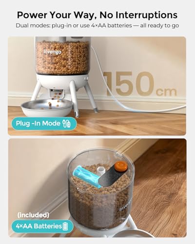Invengo Automatic Cat Feeder, 3L Timed Pet Feeder for Cats & Small Dogs, Dual Power USB & Battery, Clear Hopper, Easy-Clean, Dry Food & Kibble, Up to 6 Meals Daily