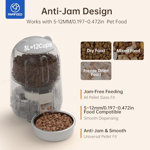 PAPIFEED Automatic Cat Feeder with App, 2.4G WiFi Cat Food Dispenser, 3L Timed Cat Feeders for Dry Food, Slow Feeding Mode, Dual Power Supply Smart Pet Feeder for Cat, Grey