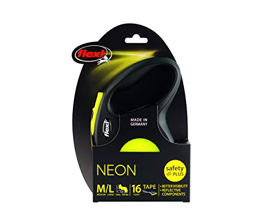 FLEXI New Neon Tape Retractable Dog Leashes for Large Dogs Upto 110 lbs. – 16 ft., Neon Yellow/Black | Tangle Free Pet Walking Leash with One-Handed Brake, Pause, Lock|German Quality Product