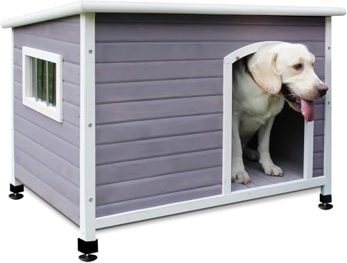 Rockever Waterproof Large Dog Houses Outdoor Indoor, 44" Wooden Elevated Outdoor Dog Houses with Window for Small to Large Sized Dogs, Easy Clean and Assemble