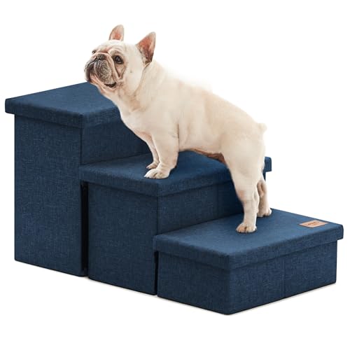 Love's cabin Dog Stairs with Storage, 3 Steps Wider Dog Steps for High Bed 18" H, Foldable Pet Stairs for Small Medium Large Dogs Cats for Bed Couch Car, Ramp with Zip up to 200 lbs, Navy Blue