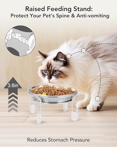 Elevated cat Bowl, 6.3" Wide Raised Stainless Steel Cat Food and Water Dishes, Small Dog Bowl, Whisker Friendly, Anti-Vomiting, Neck Stress-Free, Non-Slip Stainless Steel Stand with 4 Legs- 3Pack