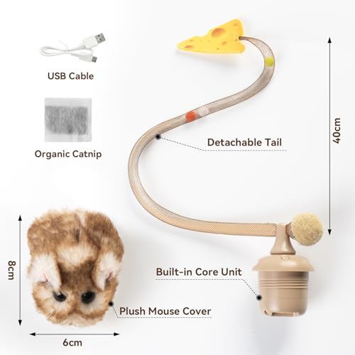 Migipaws Interactive MigiMouse Cat Toy 360° Rolling & Spin with Mesh Plastic Tail for Indoor Cats Smart Motion Sensor, Realistic Squeak, Rechargeable Plush Kitten Toy(Brown Long)