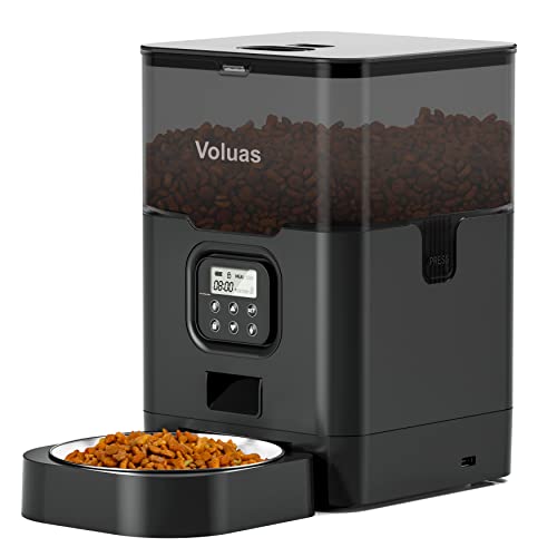 VOLUAS Automatic Cat Feeders - Pet Dry Food Dispenser with Timer, Automatic Cat Feeders with Desiccant Bag, Programmable Portion Size Control 4 Meals Per Day, 10s Voice Recorder