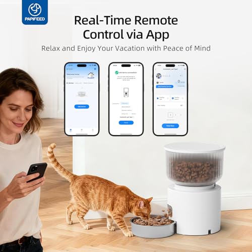 PAPIFEED Automatic Cat Feeder and Water Fountain, 3L/12 Cups 2.4G WiFi Pet Feeder with Stainless Steel Bowl, Smart APP Control for Remote Feeding, 1-12 Meals Per Day, Detachable for Easy Clean (White)