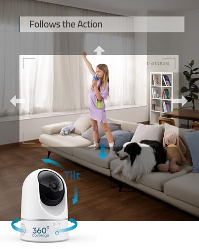 eufy Security Indoor Cam E220, Camera for home Security, Pan & Tilt, Dog/Pet Camera, 2K Wi-Fi Plug-in, Motion Tracking, Motion Only Alerts, Night Vision, HomeBase 3 Compatible, Voice Assistant Support
