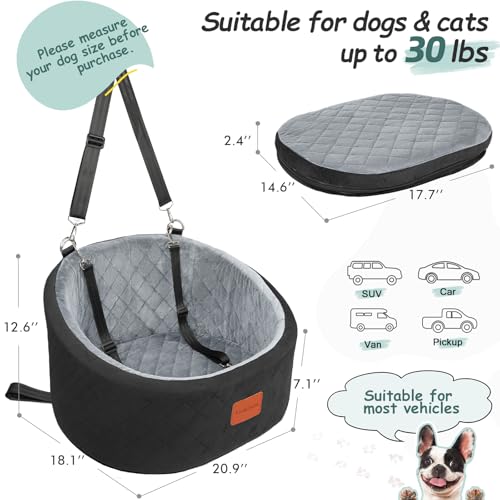 Lealchum Dog Car Seat for Small Dogs Up to 30 Lbs,Ultra Soft Fabric Fill in Comfy Memory Foam,Happy Pet Ride,2 Safety Dog Leashes,Fully Detachable and Washable,Anti Slip Base(Black/Grey)