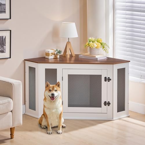 MAHANCRIS Corner Dog Crate Furniture, Wooden Dog Kennel End Table, Decorative Pet Crate Indoor Use, Furniture Style Dog House for Small Medium Dog, Dog Cage TV Stand, White and Walnut DCBA0801