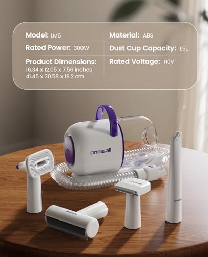 oneisall Dog Grooming Vacuum Kit: 15000Pa Shedding Brush with Grooming Tools, 3 Suction Low Noise, for Pet Thick and Undercoat, 1.5L Dust Cup, Dog Hair Vacuum, Home Cleaning, LM5