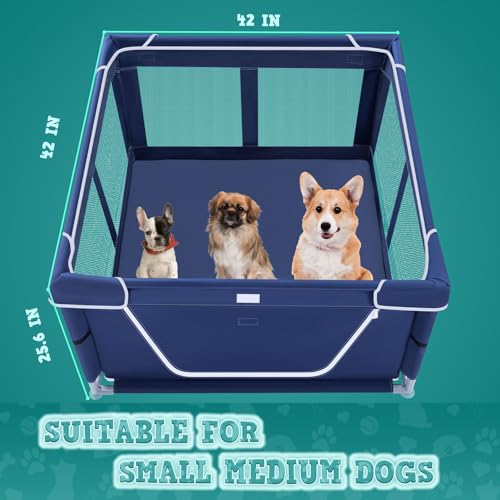 XVISHX 42x42 Inches Puppy Playpen with Gate, Dog Playpen for Puppies or Small Dogs, DogFence Pet Playpen for Indoor & Outdoor, Sturdy Safety DogPen with Thickened Fabric, High-Strength Nylon Wire Mesh
