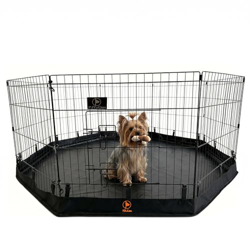 PJYuCien Octagonal Dog Playpen with Bottom Pad - Metal Foldable Exercise Pen, 8 Panels 24" H x 24" W Indoor Outdoor Pet Fence Puppy Crate Kennel, Black