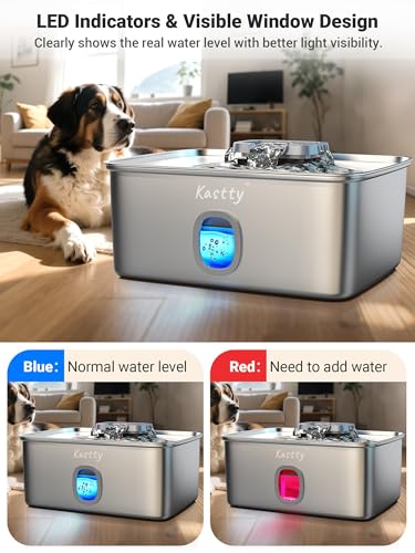 Kastty 4 Gal Dog Water Fountain for Large Dogs,15L Stainless Steel Dog Water Bowl Dispenser Triple Filtration,Ultra Quiet Automatic Pet Water Fountain with Water Level Window and LED Light(FS76)