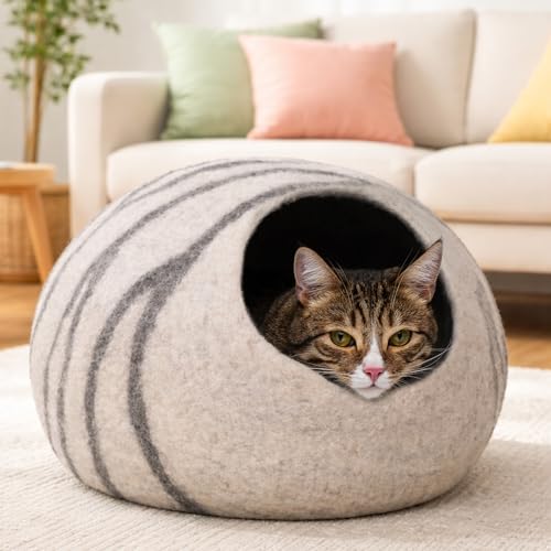 MEOWFIA Cat Cave – Premium Felt Cat Bed for Indoor Cats, Handmade Merino Wool (Light Gray, Medium)