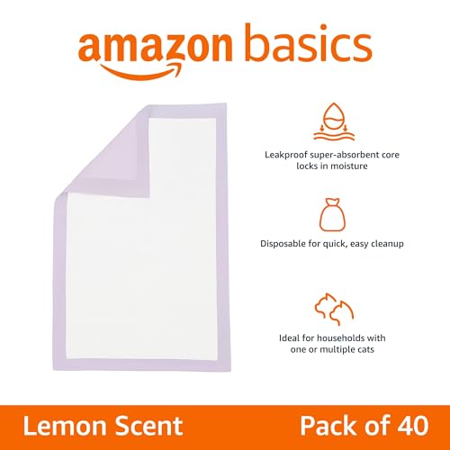 Amazon Basics Cat Litter Pee Pads, Super Absorbent, Odor Control with Lemon Scent, Disposable, Universal Fit for Multi Cat Litter Box, Purple and White, 40-Pack