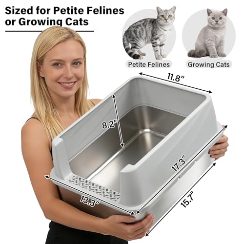 FUTAM Stainless Steel Litter Box with Lid, Metal Litter Box High Sides, Low Entry Litter Boxes with Scoop and Mat,Non-Stick,Anti-Leakage,Easy to Clean Litterbox for Small to Medium Cats