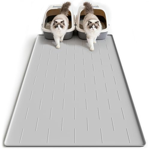 Pieviev Silicone Cat Litter Trapping Mat, 40''x28'' Extra Large Cat Litter Mat, Easy to Clean & Soft on Kitty Paws, Waterproof Kitty Litter Pads for Indoor Cats, Light Gray