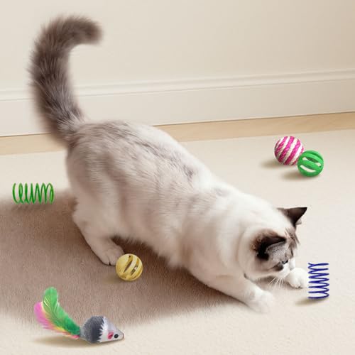 YULOYI Cat Toys for Indoor Cats, 34 Packs Interactive Cat Toy Set with Colorful Springs Toys, Mouse Toy, Catnip Ropes, Balls, Bells, and Sisal Ball for Kitten Toys