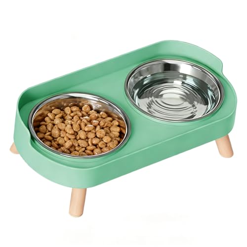 Elevated Cat Bowls, 2 Stainless Steel Raised Cat Food and Water Bowl Set, Splash Proof & Non-Slip, Whisker Fatigue Friendly, Dishwasher Safe for Cats and Small Dogs - Green