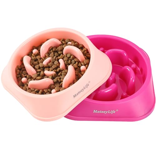 MateeyLife Slow Feeder Dog Bowls 2PCS, Anti-Choking Puzzle Dog Food Bowls, Anti-Slip Interactive Feeding Slow Down Eating, Bloat Stop Maze Dishes for Medium Breeds Pink&Purple