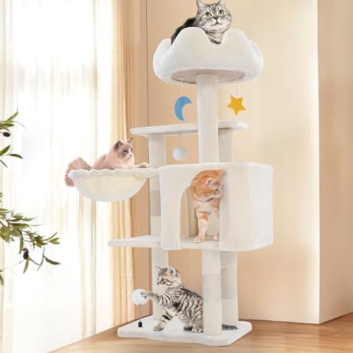 Cat Tree Tower with Metal Frame Hammock, 40'' Cat Trees for Indoor Cats Large Adult, Cat Towers with Scratching Post, Cats Condo Furniture with Cloud Top Perch, Cats Climbing Tower for Kittens(White)