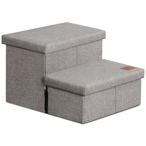 Love's cabin Dog Stairs with Storage 13" H, Foldable Pet Stairs for Small Medium or Large Dogs, Cat Puppy Steps Ramp with Zip up to 150 lbs, Solid Grey, 2 Steps