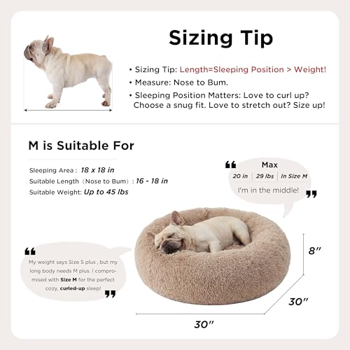 Bedsure Calming Dog Bed Medium Size Dog - Donut Washable Medium Pet Bed, 30 inches Anti-Slip Round Fluffy Plush Faux Fur Cat Bed, Fits up to 45 lbs Pets, Camel