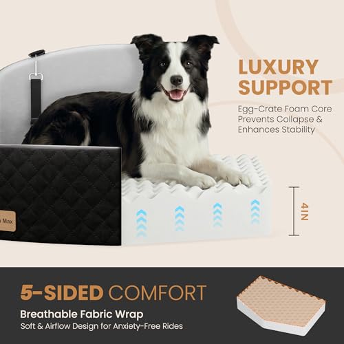 Dog Car Seat for Medium/Large Dogs, Memory Foam Dog Booster Seat with Thick Cushion up to 55 lbs or 2 Small Dogs, Travel Pet Car Seat with Detachable Washable Cover, 2 Safety Leashes (Black/Grey)