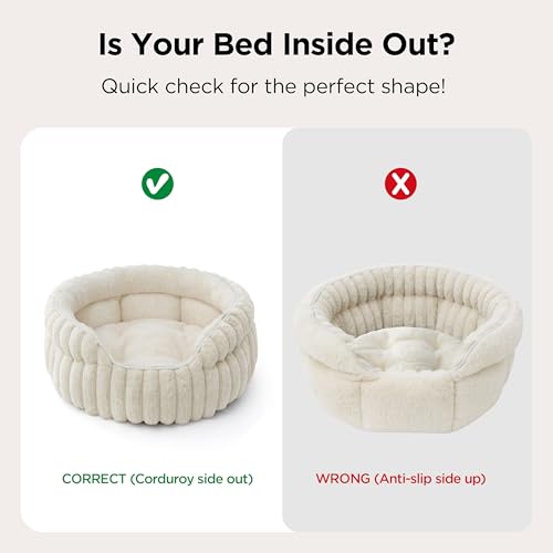 Bedsure ComfyFleece™ Cat Bed, Washable Round Cute Pet Beds for Indoor Cats, Super Soft Corduroy Kitten Bed with Anti-Slip Bottom, 20''x20''x8'', Cream
