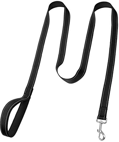 FunTags 6FT Black Reflective Dog Leash for Large & Medium Dogs Walking, Soft Padded Handle Comfortable Grip, Heavy Duty Nylon, Reflective for Night Walking, 1in Wide