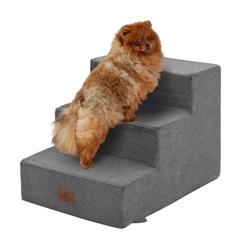 Joydeco Dog Stairs for Bed 15" H, 3-Step Pet Steps for Small Dogs and Cats, Dog Steps for High Bed, Non-Slip Balanced Ramp Indoor Pet Stairs, Gray