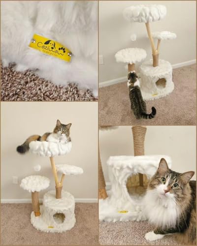 COZIWOW Modern Cat Tree Tower, Cloud Cat Tree with Solid Natural Wood Scratching Post, Luxury Condo & Perches, Aesthetic White Cat Furniture for Indoor Large Cats, 34" L X 17.7" W X 41.7" H