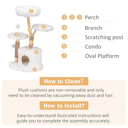 COZIWOW Modern Cat Tree Tower, Cloud Cat Tree with Solid Natural Wood Scratching Post, Luxury Condo & Perches, Aesthetic White Cat Furniture for Indoor Large Cats, 34" L X 17.7" W X 41.7" H