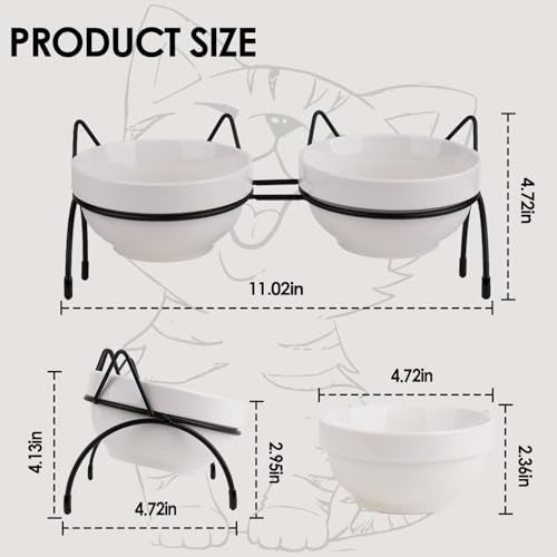 Cat Food Water Bowl Set, Double Ceramic Pet Bowls with 15°Tilted Raised Stand, Elevated Feeding Station with Two Removable Bowls, Raised Cat Bowl, Anti Vomiting Pet Dish Feeder, Kitten and Small Dogs