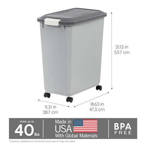 IRIS USA Dog Food Storage Container with Wheels, Airtight Lid, 2-Cup Scoop, Up to 40 Pounds Pet Food Storage, Built in Scoop Storage in Lid, Versatile Pet Food Bin, Portable, BPA Free, Gray/Dark Gray