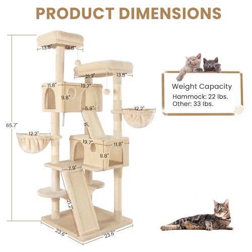 SHA CERLIN 65in Larger Cat Tree Tower Condo for Indoor Kitties/Multi-Level Furniture Activity Center with Wide Base/Cozy Plush Cat Perches/Baskets/Sisal Scratching Posts and Hammock/Beige