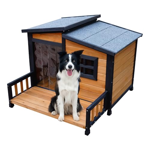 WHEGETED Large Dog House Outdoor Indoor for Small Medium Large Dog, Wood Insulated Dog Kennel Home with Durable Weatherproof Asphalt Roof and Elevated Floor Outside Shelter Brown 39x37x30 Inches