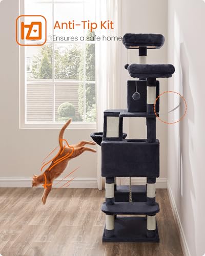 Feandrea Cat Tree, 66.1-Inch Large Cat Tower, Multi-Level Plush Condo with 13 Scratching Posts, 2 Perches, 2 Caves, Basket, Hammock, Pompoms, Smoky Gray UPCT165G01