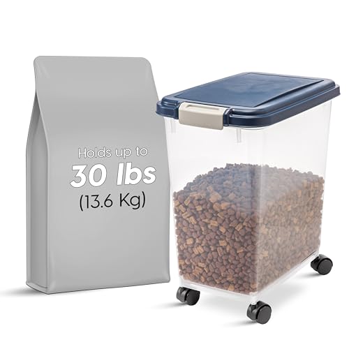 IRIS USA Airtight Dog Food Storage Container, Up to 30 lbs, Attachable Wheels, for Dog Cat Bird and other Pet Food Storage Bin, Keep Fresh, Easy Mobility, BPA Free, Navy